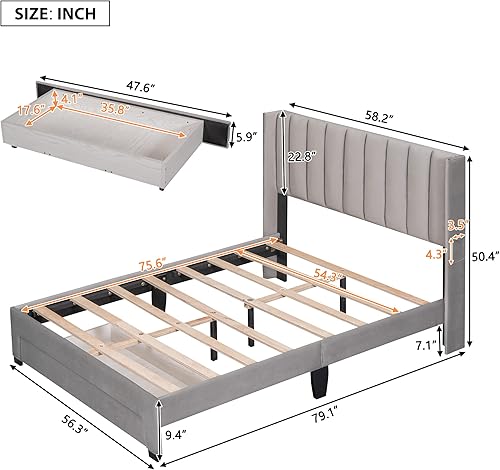 Miniatura 2 de JIVOIT Cama de plataforma tapizada de terciopelo de tamaño matrimonial, cama de almacenamiento con un cajón grande y dos bolsillos pequeños, marco