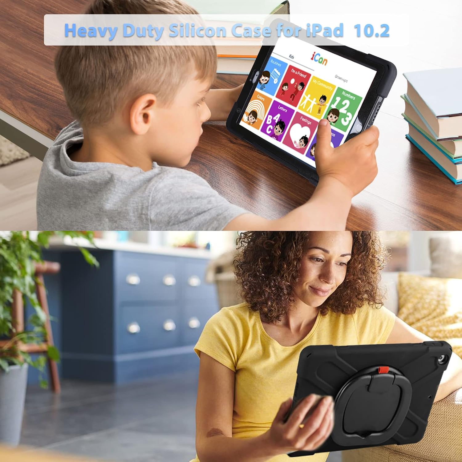 iPad 9th 10.2 Case, iPad 8th 7th Generation Case, 3 Layers Shockproof Rugged Protective Hard Cover with Pencil Holder/Folding Handle Grip/Carrying Strap/Stand for iPad 10.2 9th/8th/7th (Black)