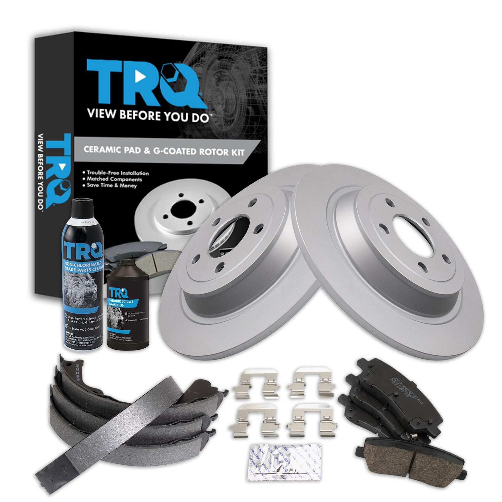 TRQ Rear Brake Pad &amp; Rotor Kit, with Chemical Kit Parking Brake Shoe Set Ceramic Premium G-Coated Compatible with 2015-2020 Ford Mustang