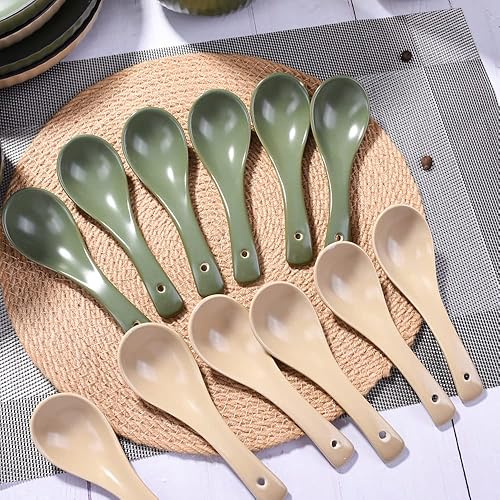 Miniatura 3 de Juego de 6 cucharas de sopa de cerámica estilo nórdico para ramen pho postre helado Wonton Beige