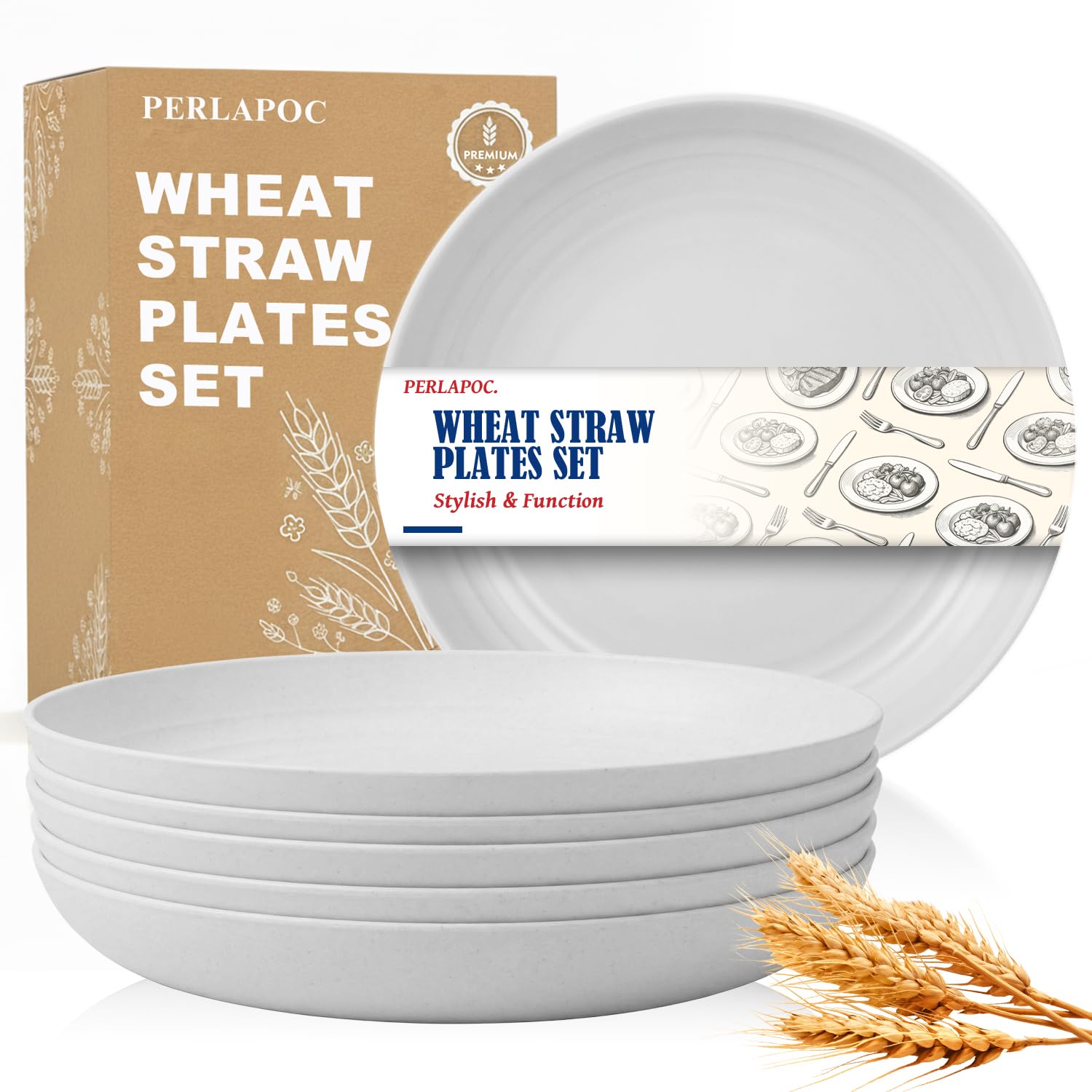 Wheat Straw Plates Set of 6, 9In Unbreakable Plate for Kids, White