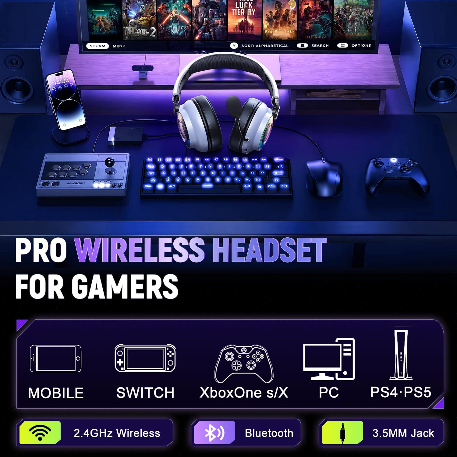 Wireless Gaming Headset for Ps5 Ps4 - 2.4GHz, Bluetooth, Wired, 7.1 Surround Sound, Noise Cancelling Mic, RGB Lights, 40H+ Battery, Lossless Audio, Comfy Over Ear Headphones for PC, Switch, Xbox, Mac - Image 7