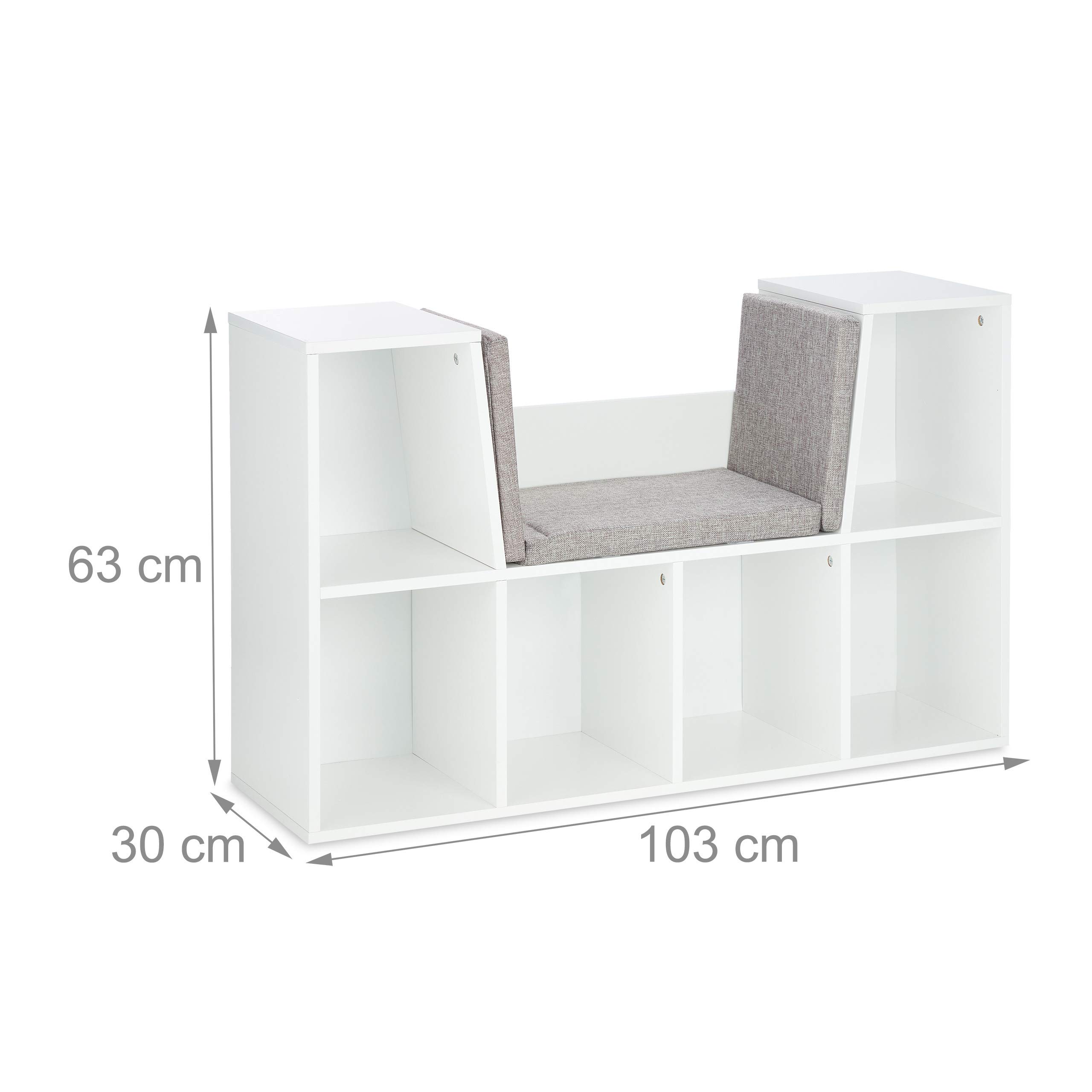 Relaxdays Bücherregal mit Sitzkissen, Kinderregal mit 6 Fächern, 63x103x30 cm, gepolstert, Sitzbank Kinderzimmer, weiß