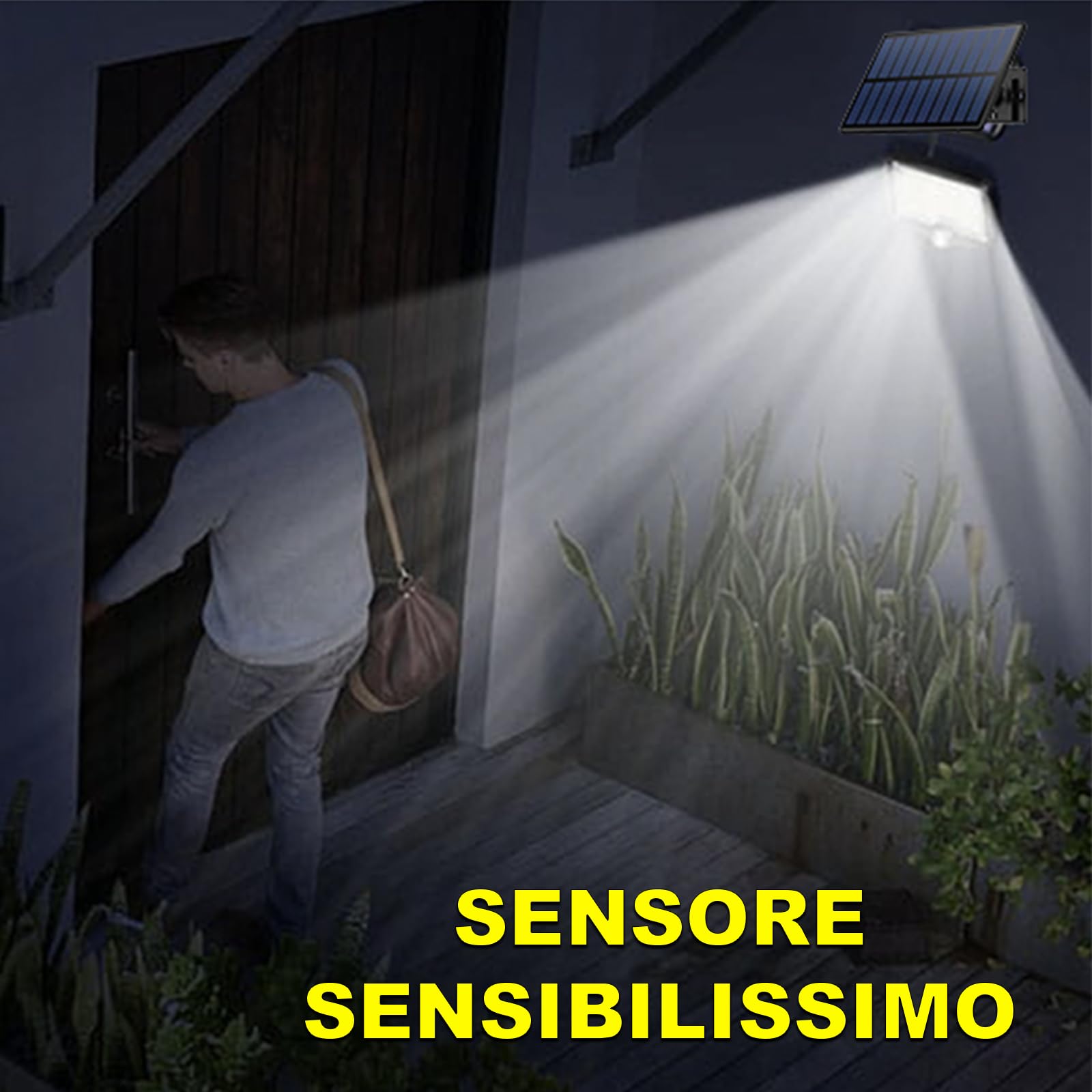 Kit 5 Faretti Solari LED da Esterno con Sensore di Movimento e Crepuscolare Automatico, Pannello Separato, Telecomando, Impermeabile IP66, Luce Potente per Giardino, Garage, Cortile, Strada, Vialetti