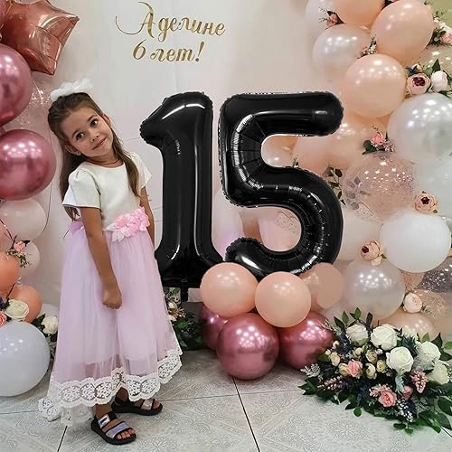 Miniatura 5 de Globo negro con el número 15 de 40 pulgadas, globos grandes de Mylar para niños de 15 años de edad, decoración de fiesta de cumpleaños, boda,