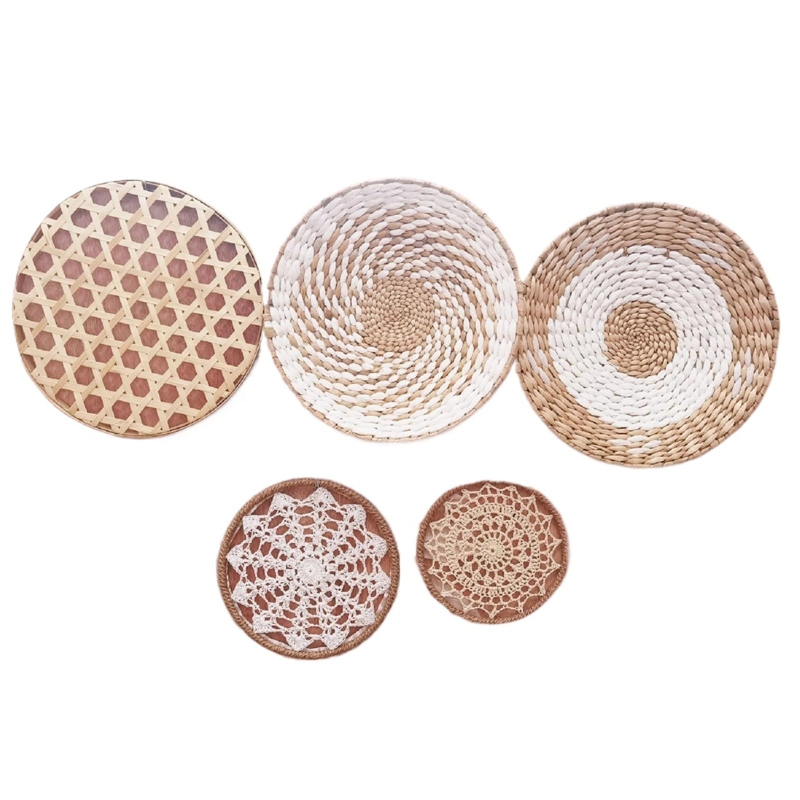 Decoración de Pared de Mimbre de Paja, Cesta de Pared Redonda, decoración de Pared, artesanías de ratán, Marco Colgante de Pared, Adorno Decoración de Pared(5PCS Set C)