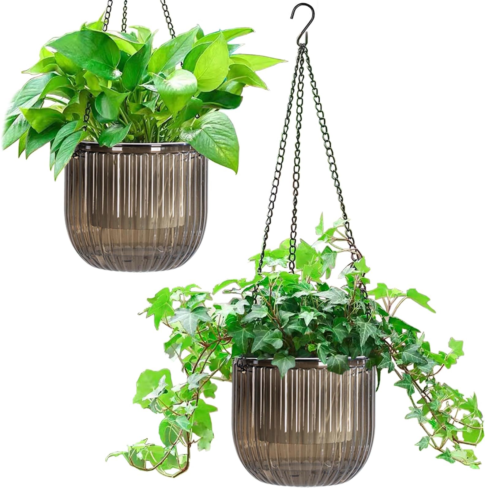 Melphoe 2 Pack Self Watering Hanging Planters Indoor Hanging Flower Pots, 6.5 Inch Outdoor Hanging Plant Pot Basket, Plant Hanger with 3Hooks Drainage Holes for Garden Home (Gray)