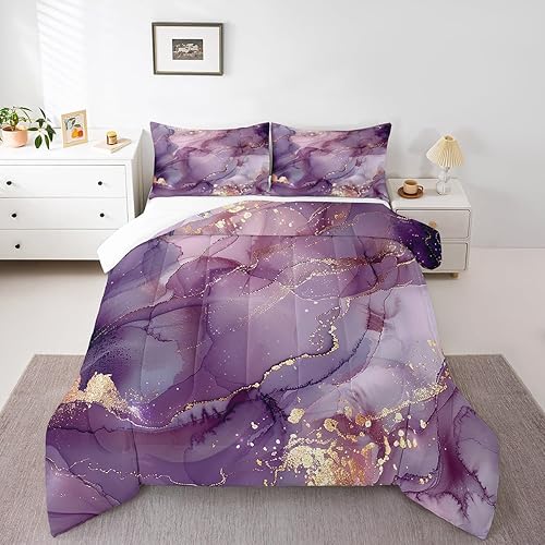Manfei Juego de edredón de mármol morado, tamaño King, juego de ropa de cama de mármol acuarela de 3 piezas para decoración de habitación de niños y