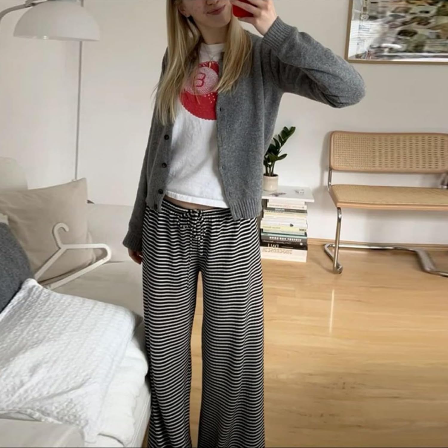 Striped Wide Leg Pants for Women - Casual Loose Fit High-Waisted Drawstring Pajama Pants - Straight Trousers - Image 3