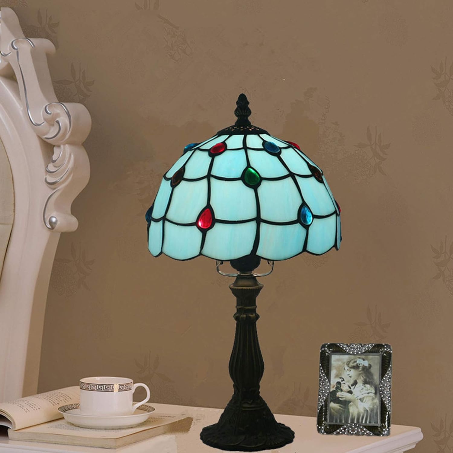 Tiffany Style Table Lamps Bedside Lamps, Stained Glass Desk Lamp Reading Lamp for Bedroom Living Room,Antique Zinc Base,8" Floral Lampshade,Blue phoenix