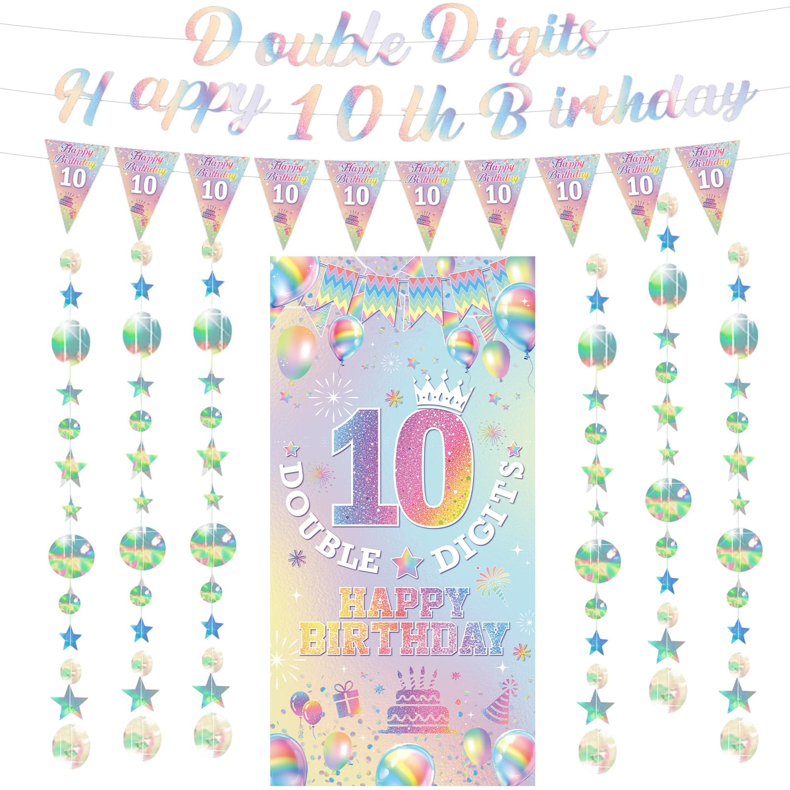 PURCAFT 10th Birthday Decorations Set for Girls – Laser Double Digits Birthday Party Supplies Include Happy 10th Birthday Banners Bunting Star Hanging Garlands Door Banners for 10 Years Old Party