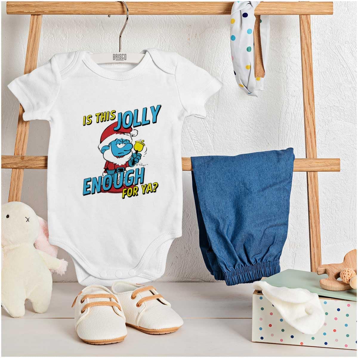 Brisco Brands Grumpy Smurf Jolly Enough Xmas Santa Baby Romper Boys or Girls
