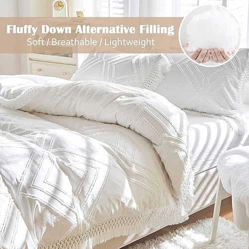 Miniatura 9 de Nanko Juego de edredón tamaño California King, color beige, jacquard copetudo, bohemio, suave, desgastado y elegante, reversible, de microfibra