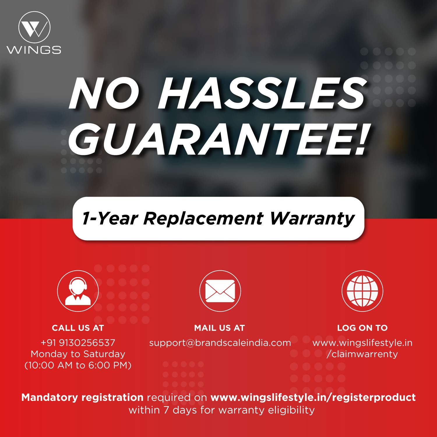 Wings No Hassles Guarantee with 1-Year Replacement Warranty and contact information