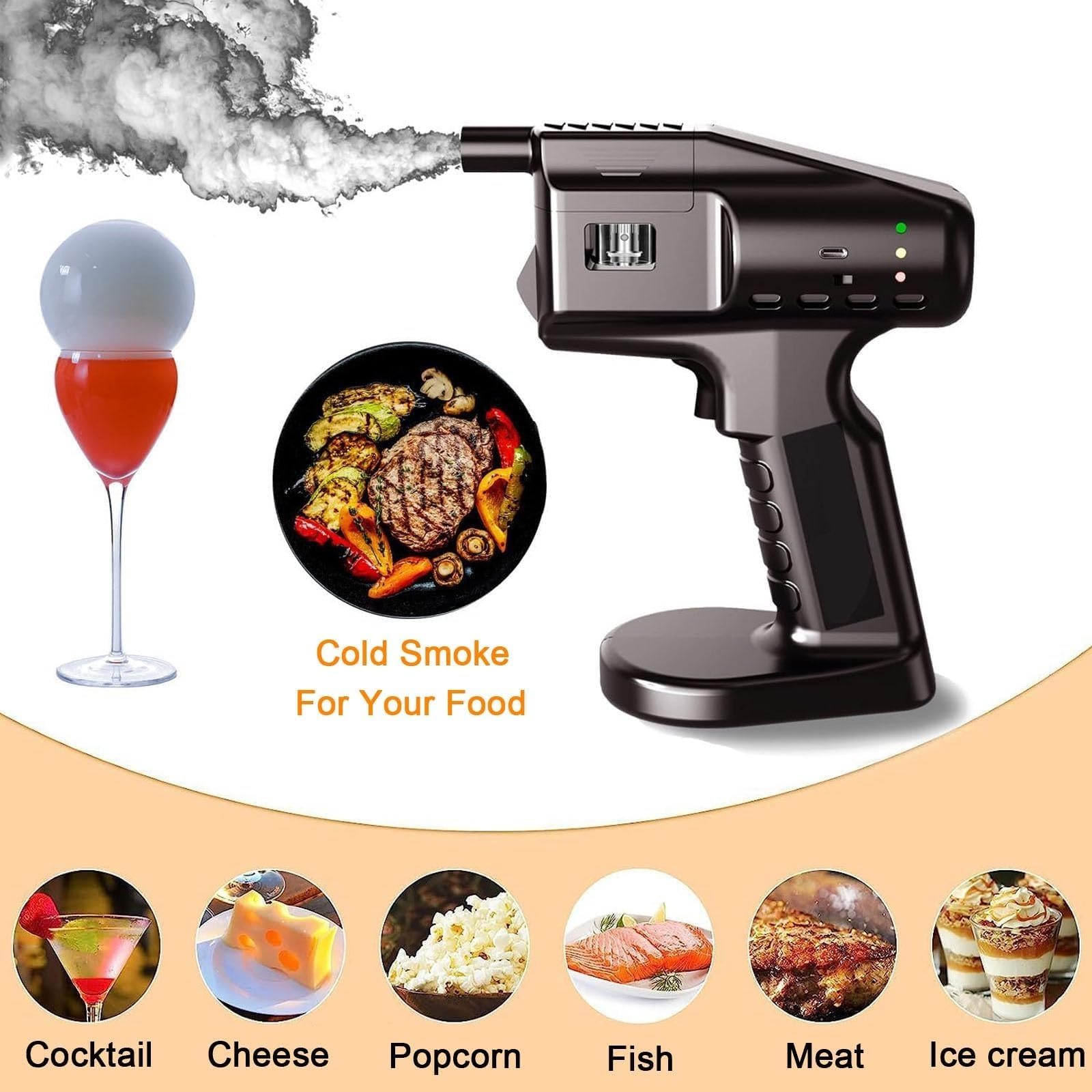 Pistolet do baniek dymnych do kuchni, pistolet do aromatyzowania koktajli, generator zimnego dymu, pistolet do infuzji dymu zasilany przez USB, zestaw do palenia koktajli barmańskich