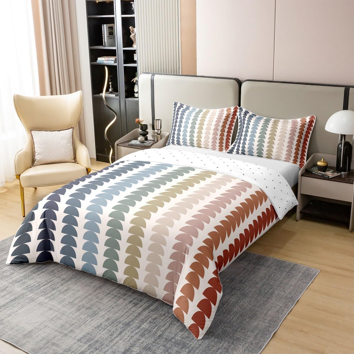jejeloiu Rainbow Boho Duvet Cover 100% Cotton Queen Size Kids Vintage Abstract Geometric Comforter Cover for Boys Girls Teens Mid-Century Modern Art Bedding Set Soft Lightweight Room Decor