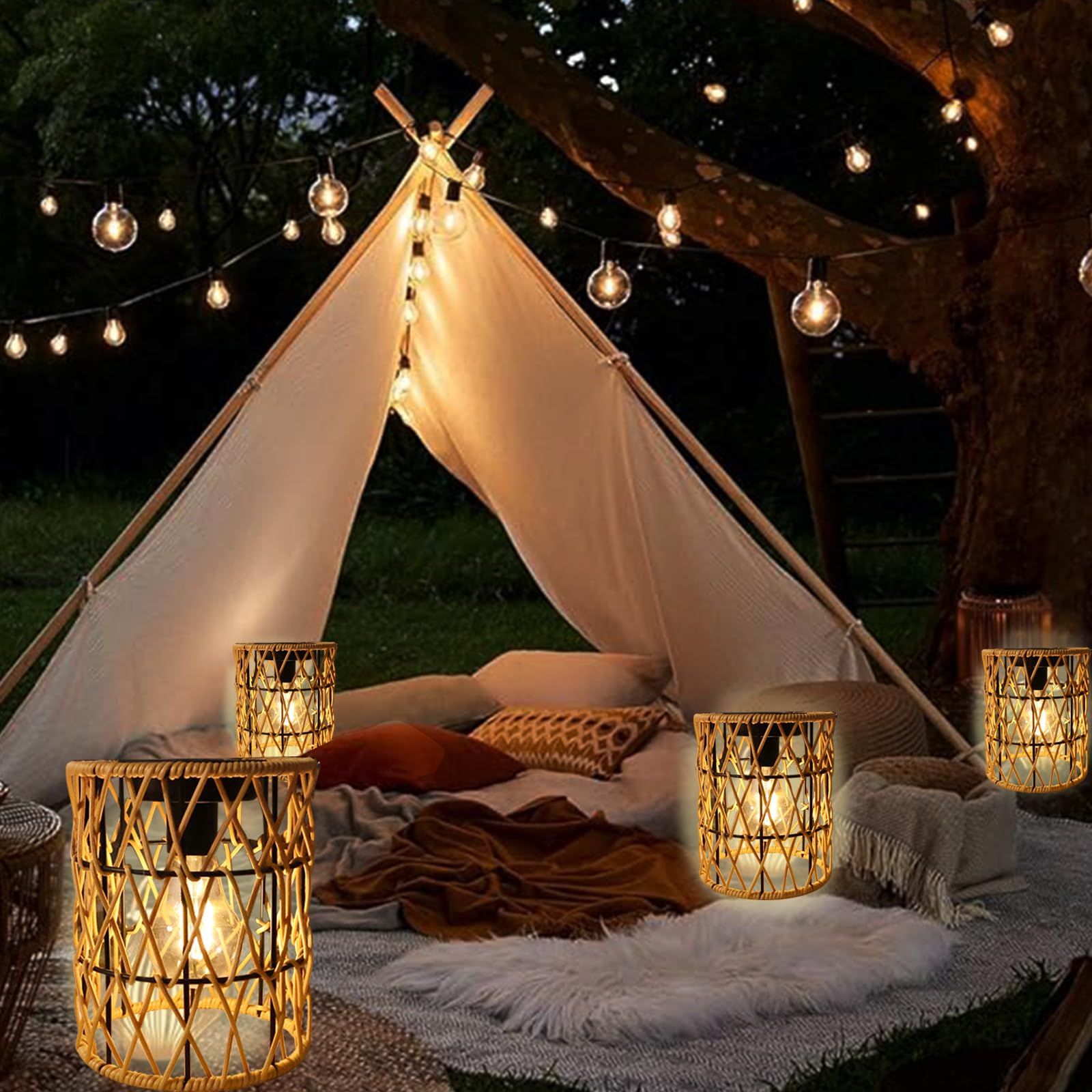 Lanterne solari da appendere per esterni, impermeabili, confezione da 2 luci solari in rattan, decorazione per cortile, giardino, sentiero, sentiero, tavolo