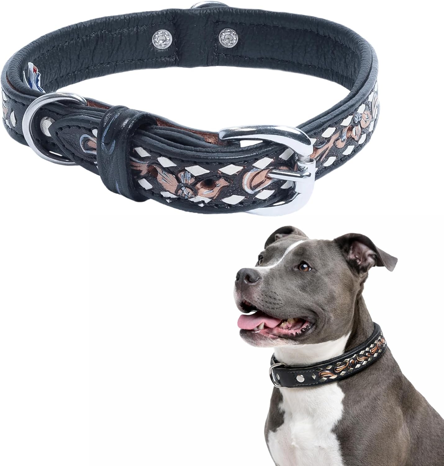 Genuine Top Grain Leather Western Tooled Dog Collar | Handmade | Buck-Stitched, Hand-Painted | Padded Dog Collar | Brass & Stainless Steel Hardware | Laredo Collection by Angel Pet Supplies