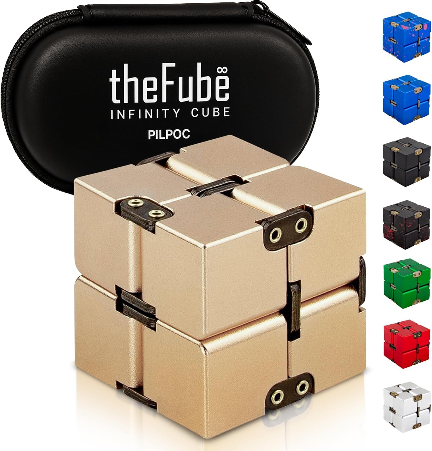 PILPOC theFube Infinity Cube Fidget Cube Desk Toy - Premium Quality Aluminum Infinite Magic Cube with Exclusive Case, Sturdy, Heavy, Relieve Stress and Anxiety, for ADD, ADHD, OCD (Gold) 141