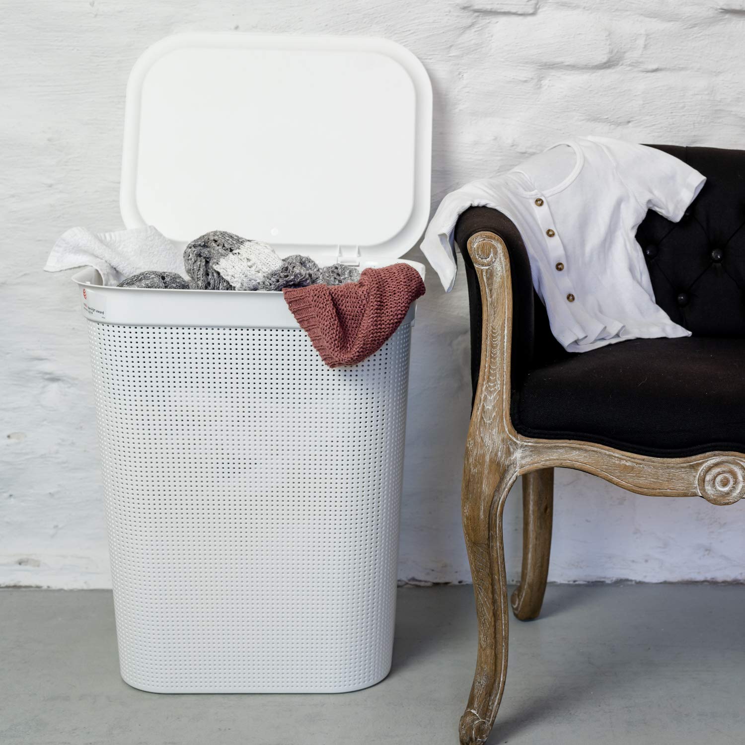 Rotho Brisen, Colector de lavado de 50l con tapa y 2 asas, Plástico PP sin BPA, muérdago blanco, 50l 43.1 x 34.0 x 52.9 cm