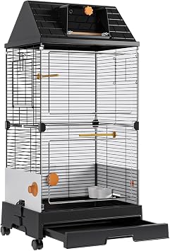 Oneluck Rolling Bird Cage with Top Opening & Splash Guard | Easy Clean Pull-Out Tray, Durable Flight Cage Small Medium Birds (Black, [19.6L x 15.7W x 39.3H])