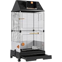 Oneluck Deluxe Bird Cage,18.5"x13.8"x38.5" for Small/Medium Birds,Front Transparent Panel, Drawer Tray,Roof with Window,Side Mesh Doors,Rolling Base,Black Black