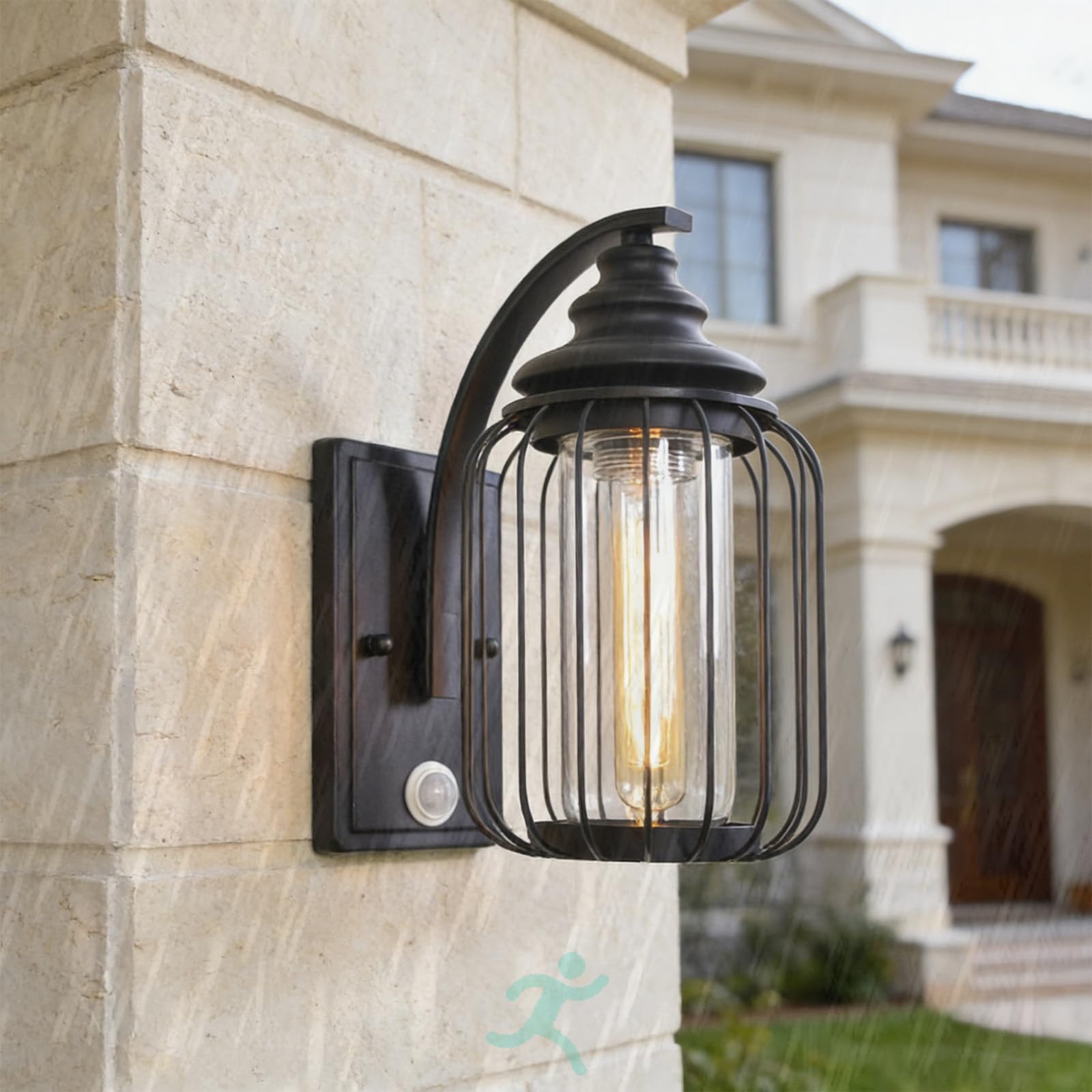 E27 Zewnętrzna lampa ścienna z czujnikiem ruchu IP65 wodoodporna oprawa ścienna czarna metalowa klatka i klosz szkło retro oświetlenie ścienne do willi na taras ogrodowy (czarny, 1 sztuka)