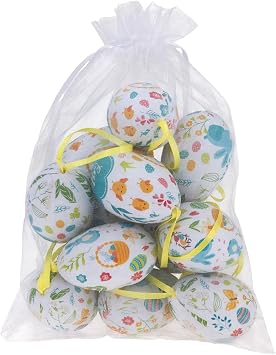 Boston International Easter Egg Ornaments Spring Decorations for Home, Set of 12, Turquoise Bunnies & Flowers