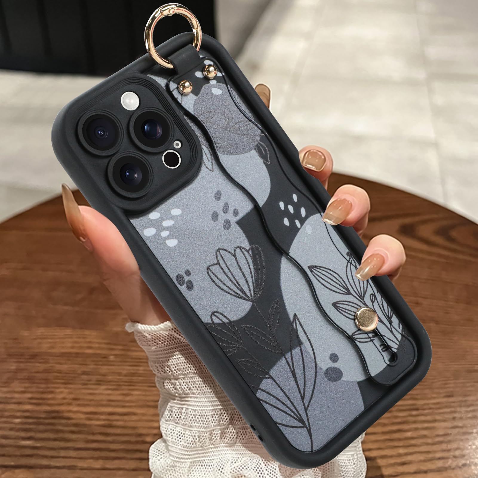 MOWIME Compatible with iPhone 13 Pro Max Case with Wrist Strap, [Upgraded] Adjustable Wristband Kickstand Case for Women Girls, Floral Flower