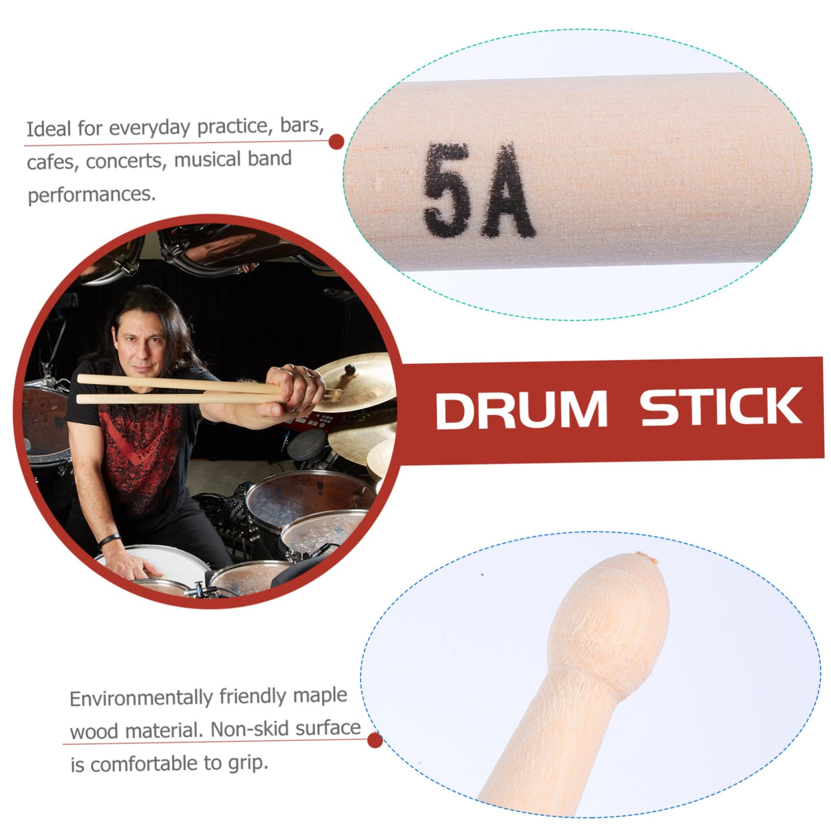 Supvox 20stücke Holz Schlagzeugstöcke für Bühne und Praxis Robuste Drumsticks mit Komfortablem Griff für Musiker und Anfänger
