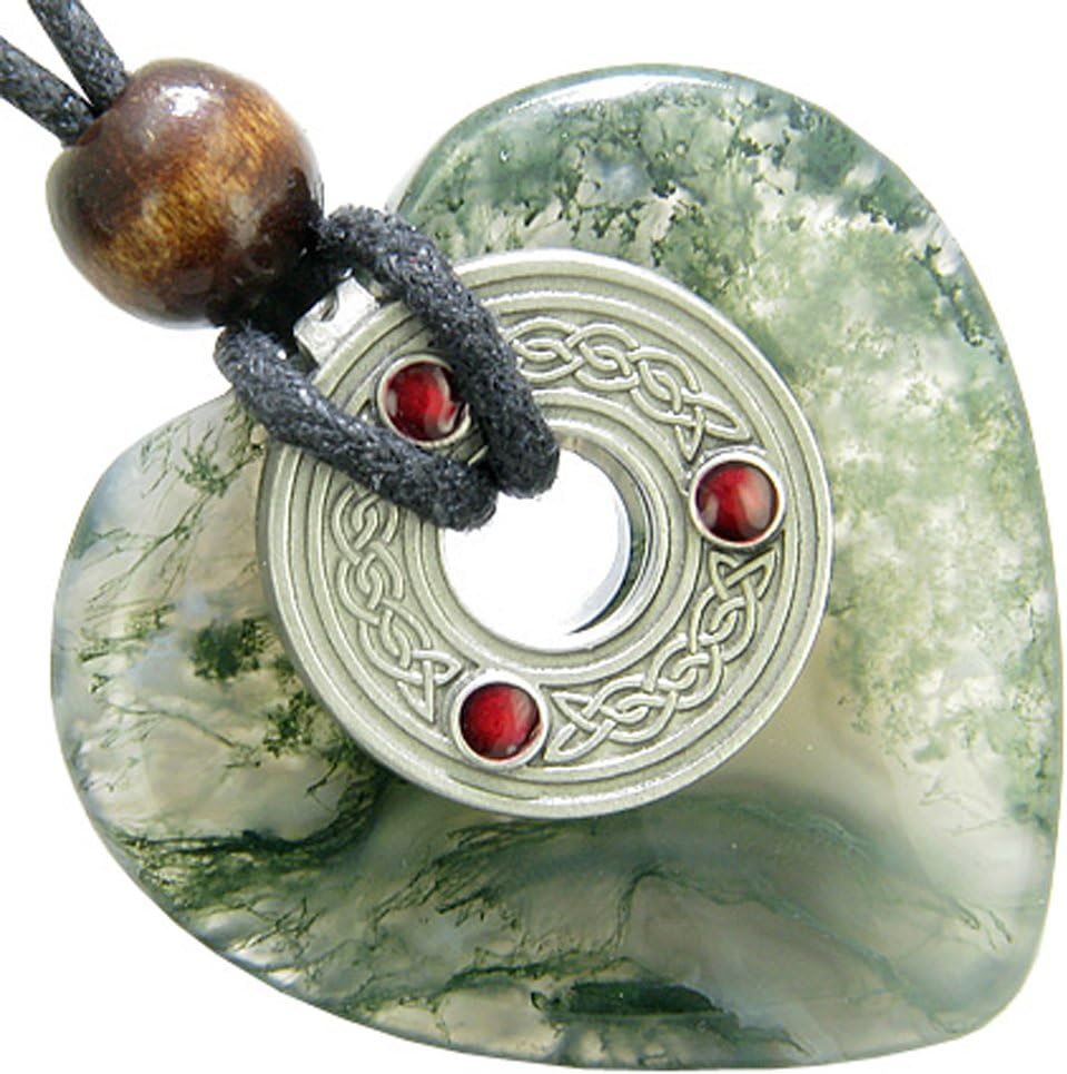 Celtic Triquetra Knot Heart Shaped 45mm Donut Necklace - Trinity Powers Genuine Gemstones on Adjustable 32" Black Cord - Evil Eye Protection and Good Luck Money Energies Talismans - Viking Norse Stainless Steel Coin Lucky Jewelry