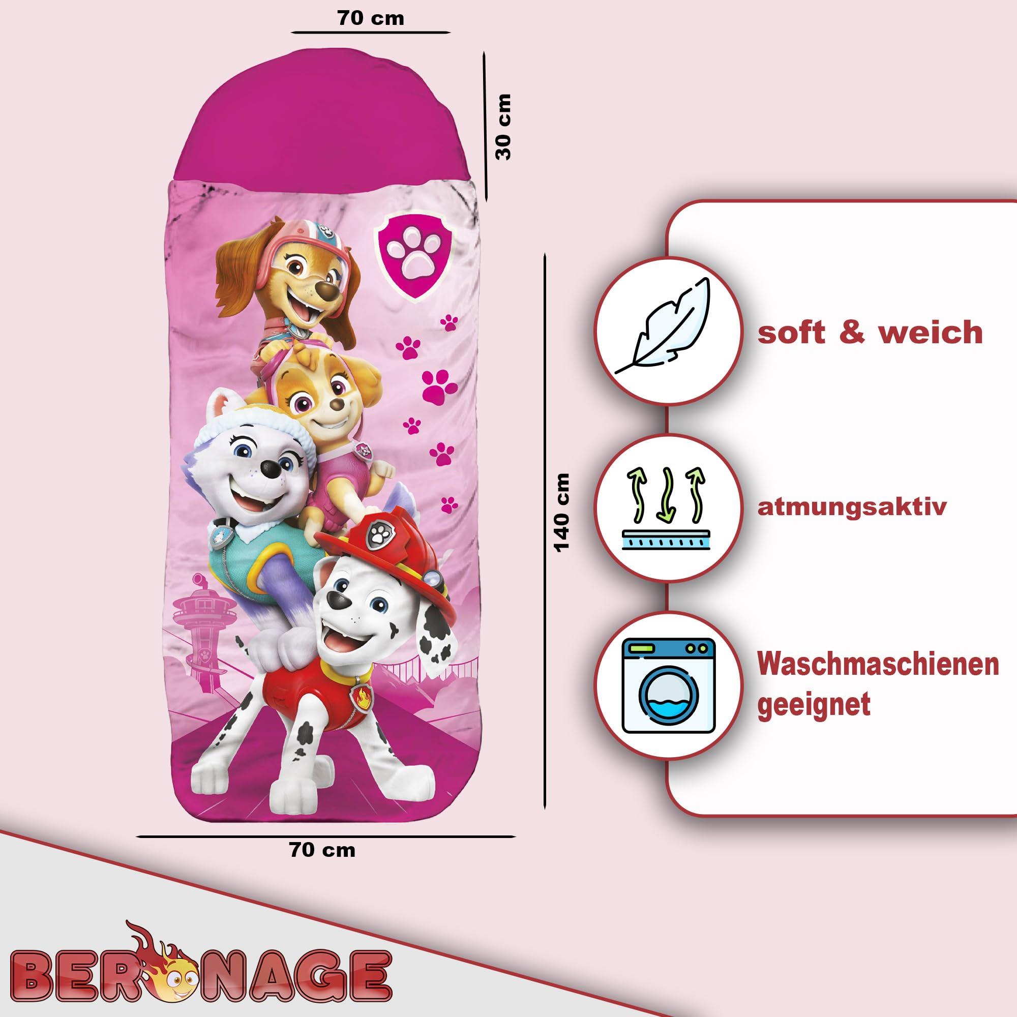 Paw Patrol Kinder-Schlafsack – Pink 140 cm + 30 cm (Kapuze) x 70 cm ideal für Outdoor/Indoor mit Skye, Everest, Liberty, Marshall, Mumienschlafsack für Mädchen und Jungs mit Reißverschluss