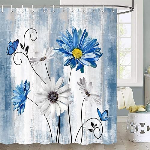 JAWO Cortina de ducha floral de margaritas azules, cortina de ducha rústica de granja y mariposa en el campo, cortina de ducha floral de margaritas