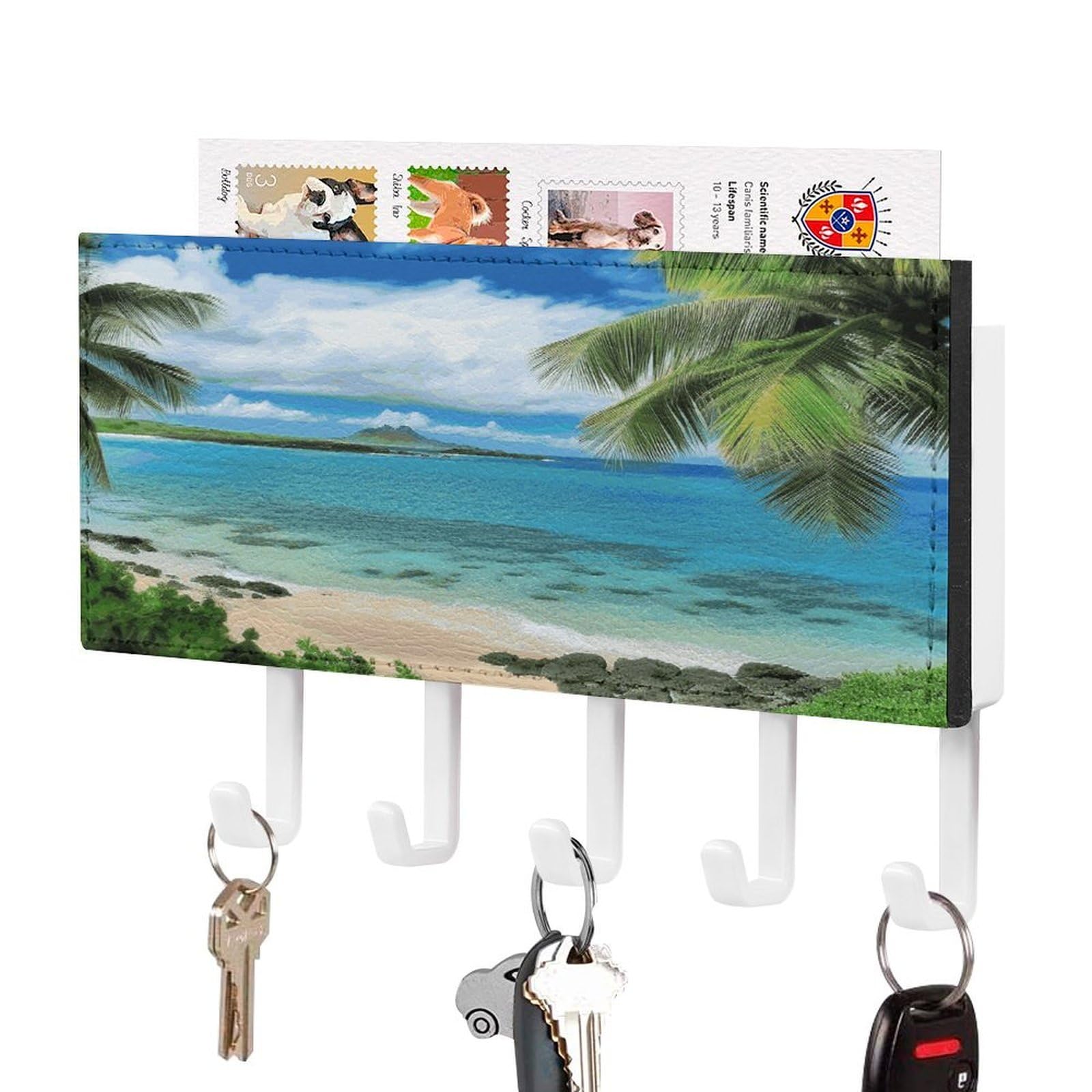 LDGSUPH Tropical Palm Tree Hawaii Beach Key Holder Wall Mount Key Hanger with 5 Hooks Fashion Key Organizer Rack Hanging Key Hooks with Mail Organizer Key Rack for Home Entryway Hallway White-Style