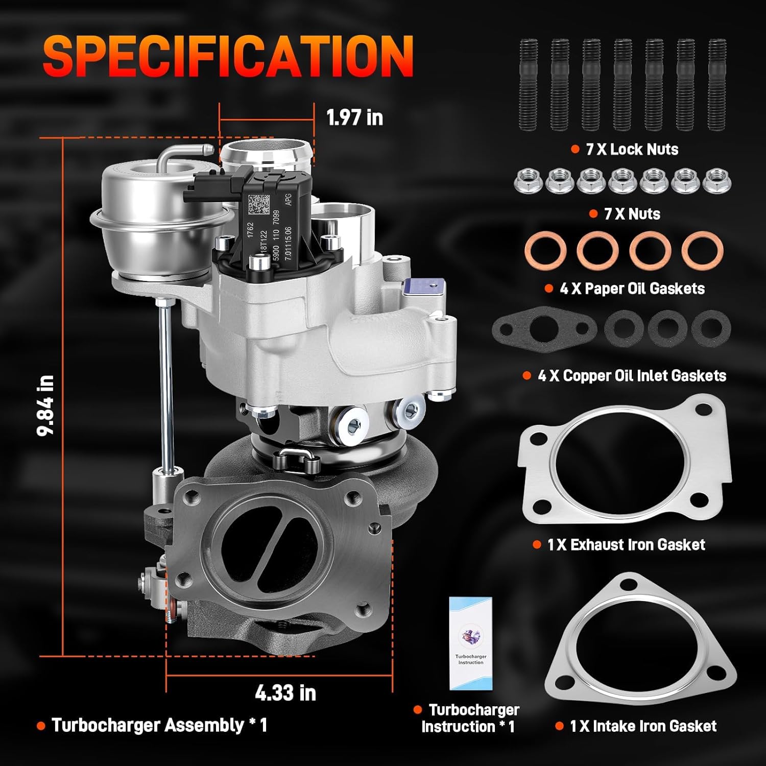 K03 Turbo Turbocharger Kit with Gasket Compatible with Mini Cooper S 2007-2015, Cooper Countryman 2011-2016, Cooper Paceman 2013-2016 S Models R56 R57 R58 R59 1.6L L4 Replace# 53039880163 53039880118