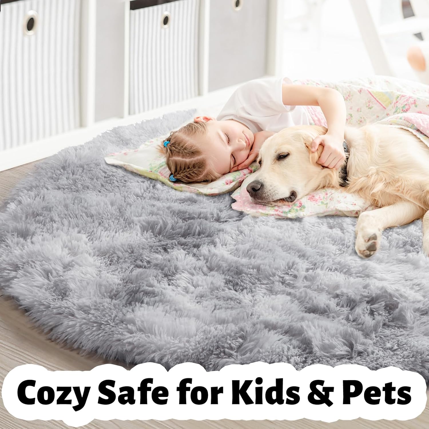 Amdrebio Tie-Dyed Light Grey Round Area Rugs for Living Room, 7x7 Large Soft Circle Rugs for Bedroom, Fluffy Shag Carpet for Kids Room, Big Modern Floor Circular Shaggy Farmhouse Rug