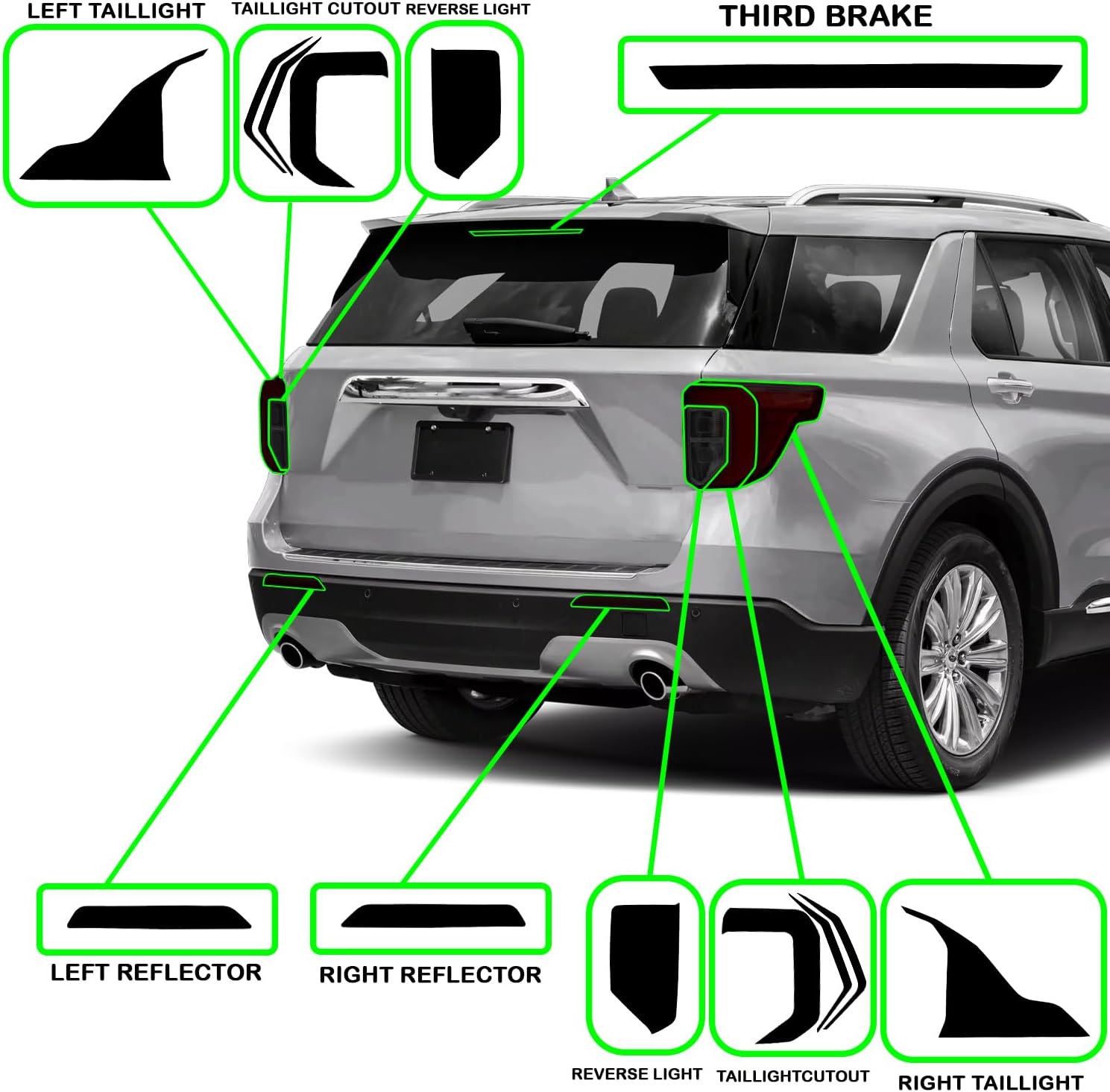 Pre-Cut Tailight Combo Reflector & Third Break Tint Kit Compatible with Ford Explorer 2020 | Precision Cut Stretchable PPF Vinyl Overlay Cover Wrap (Dark Smoke)
