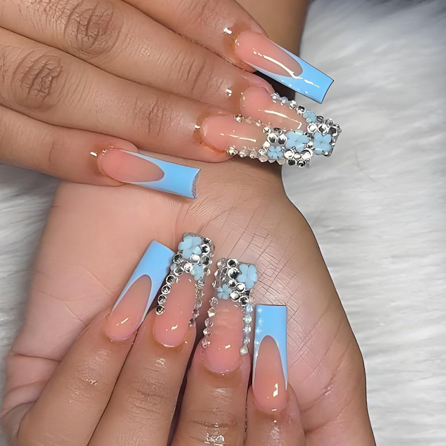 Long Press on Nails French Tip Artificial Nails - Blue Designs