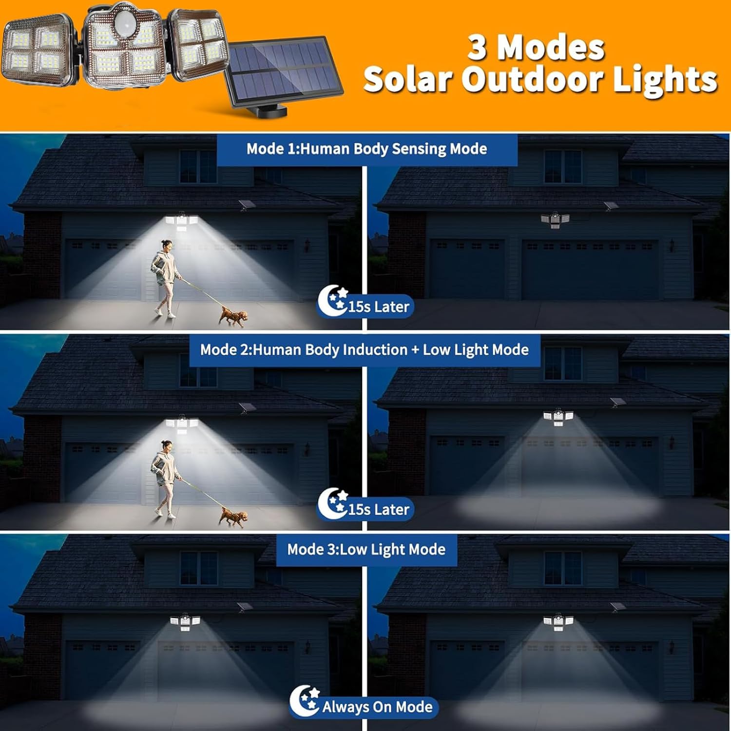 Solar Motion Sensor Light, IP65 Waterproof Outdoor Security Light, 3-Head Adjustable Rotatable Solar Lamp with Remote 3 Modes, Energy-Efficient for Garden/Garage (White, 1 Pack)