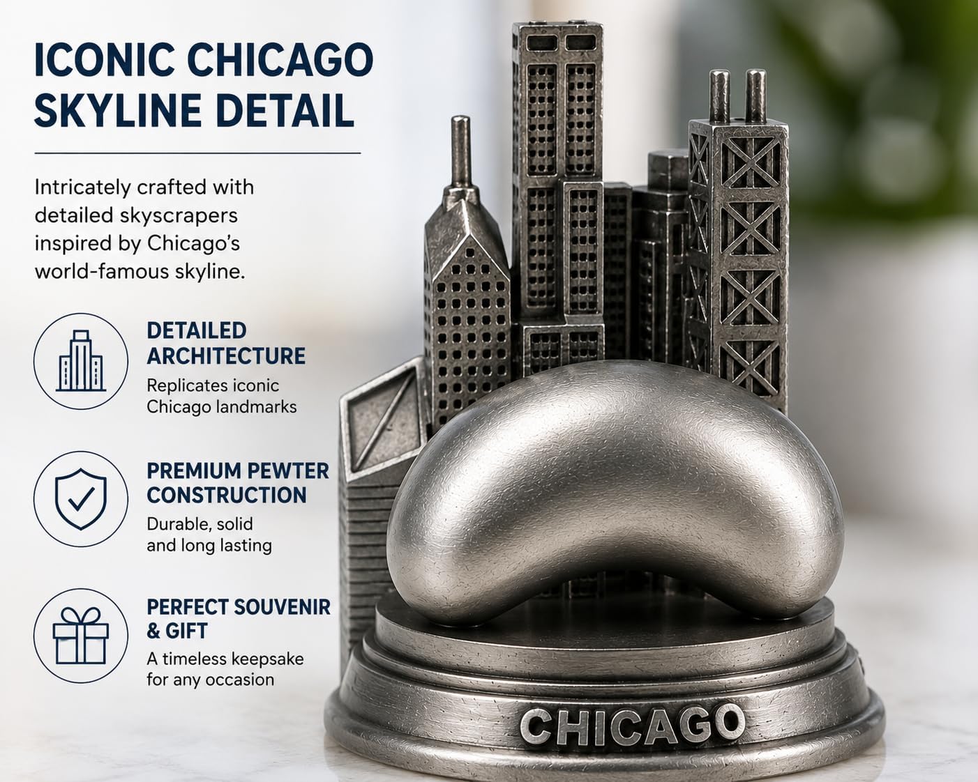 Small Chicago Skyline Souvenir Statue with The Bean – Brushed Pewter Metal Mini Desktop Collectible, Chicago Landmark Figurine, Office Desk Decor, Travel Gift for Men & Women, 3.25 Inch image 3