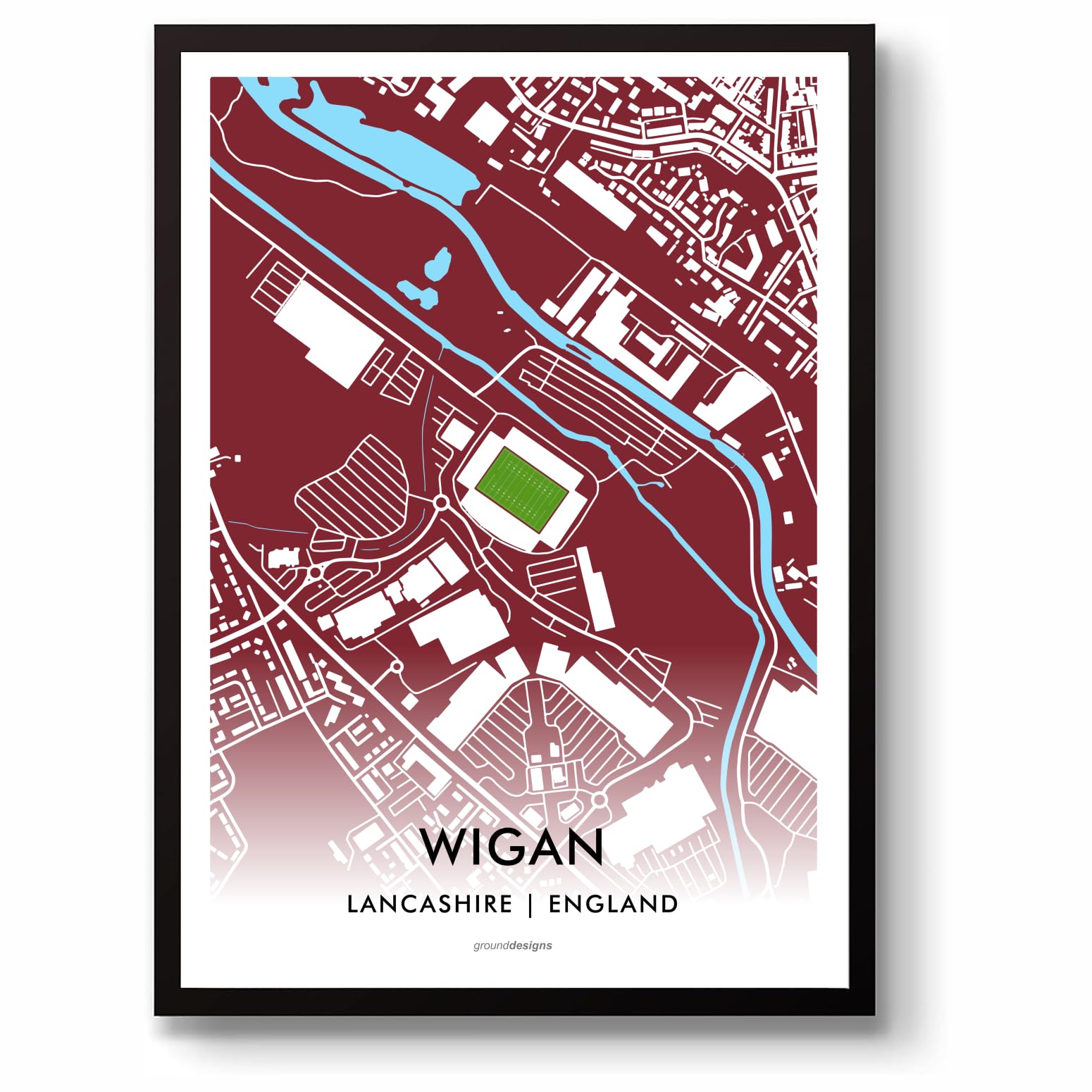 Grounddesigns Men's Cherry And White Wigan Warriors Rugby League Gift Brick Community Stadium Unframed A3 Art Print Wwrlfc