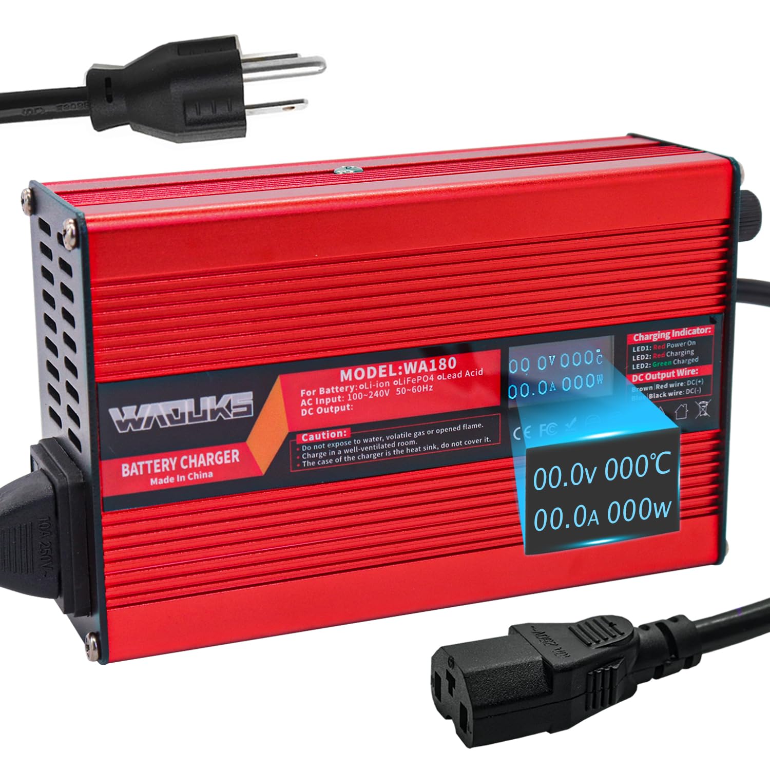 WAOUKS 48V 3A Lead Acid AGM Gel VRLA OPZV Battery Charger with OLED Display Output Connector 3pin C13 N+ L- for 48V Lead Acid Battery