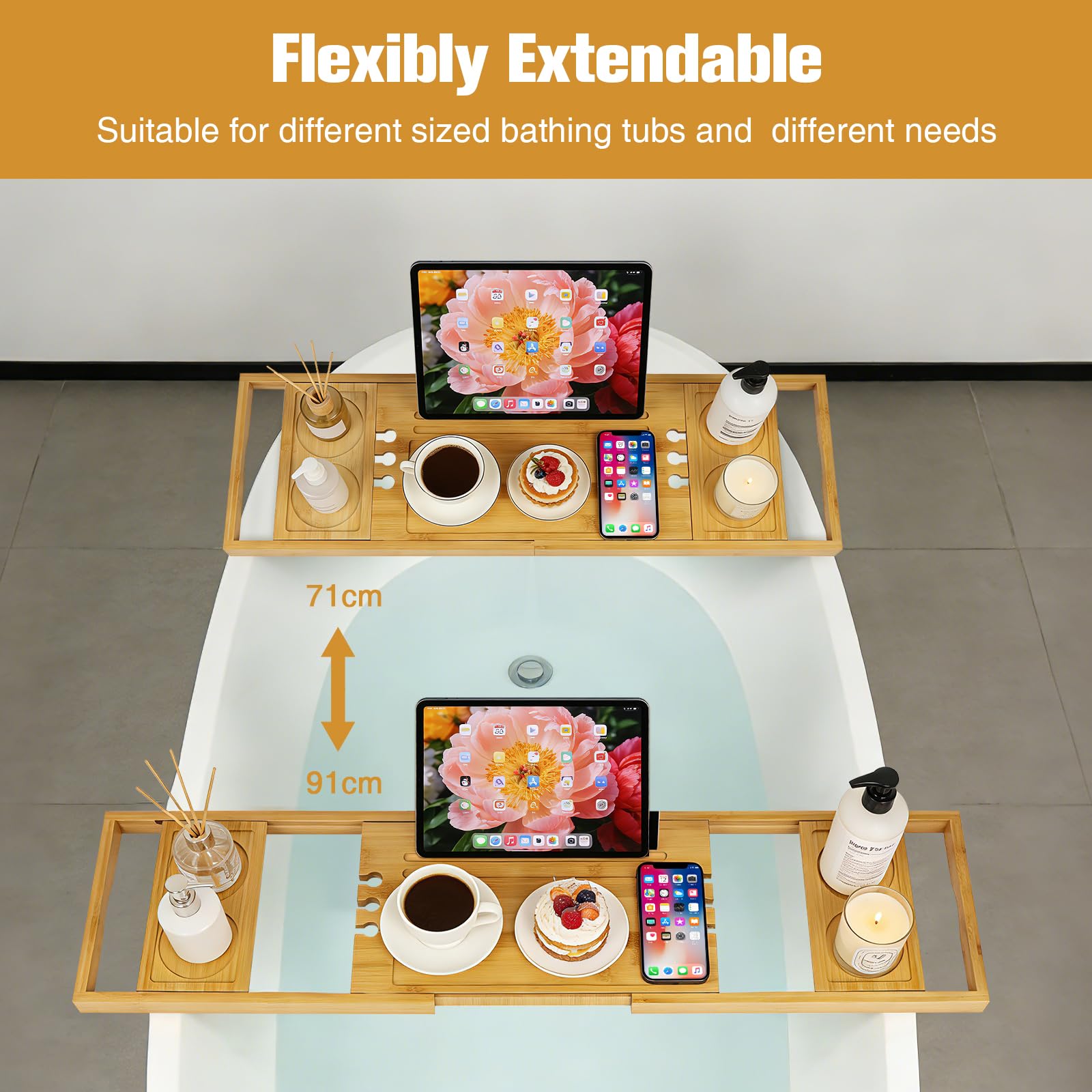 Bandeja extensible de bambú para bañera, ajustable, 70-91 cm de ancho, con soporte para bebidas, color madera natural