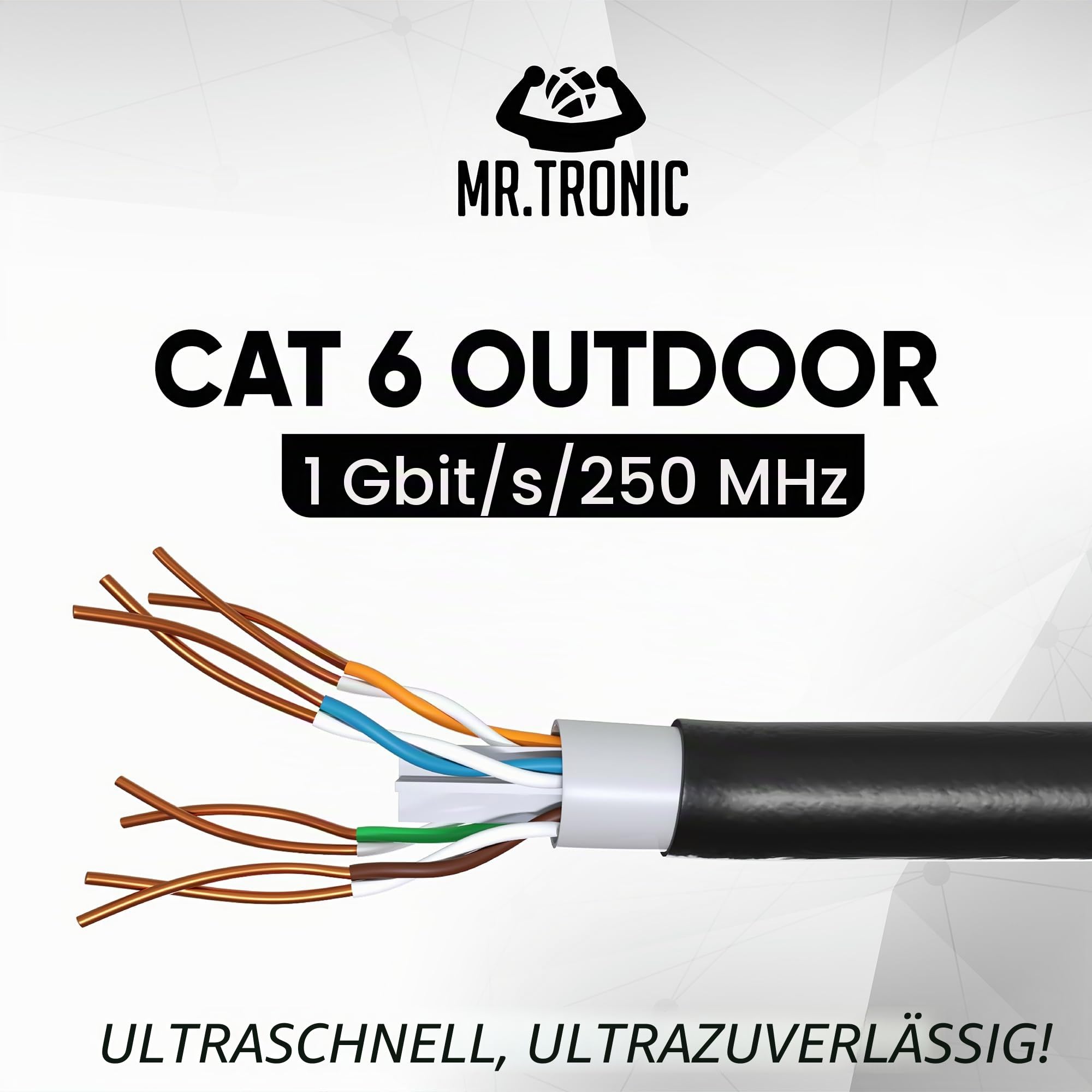 Mr. Tronic Außen wasserdicht 100m Ethernet Netzwerkkabel Cat 6, LAN Netzwerkkabel Für Schnelle & Zuverlässige Internet, AWG24 Massenkabel Cat 6, 1 Gbps 250 Mhz UTP CCA Bulk Kabel (100 Meter, Schwarz)