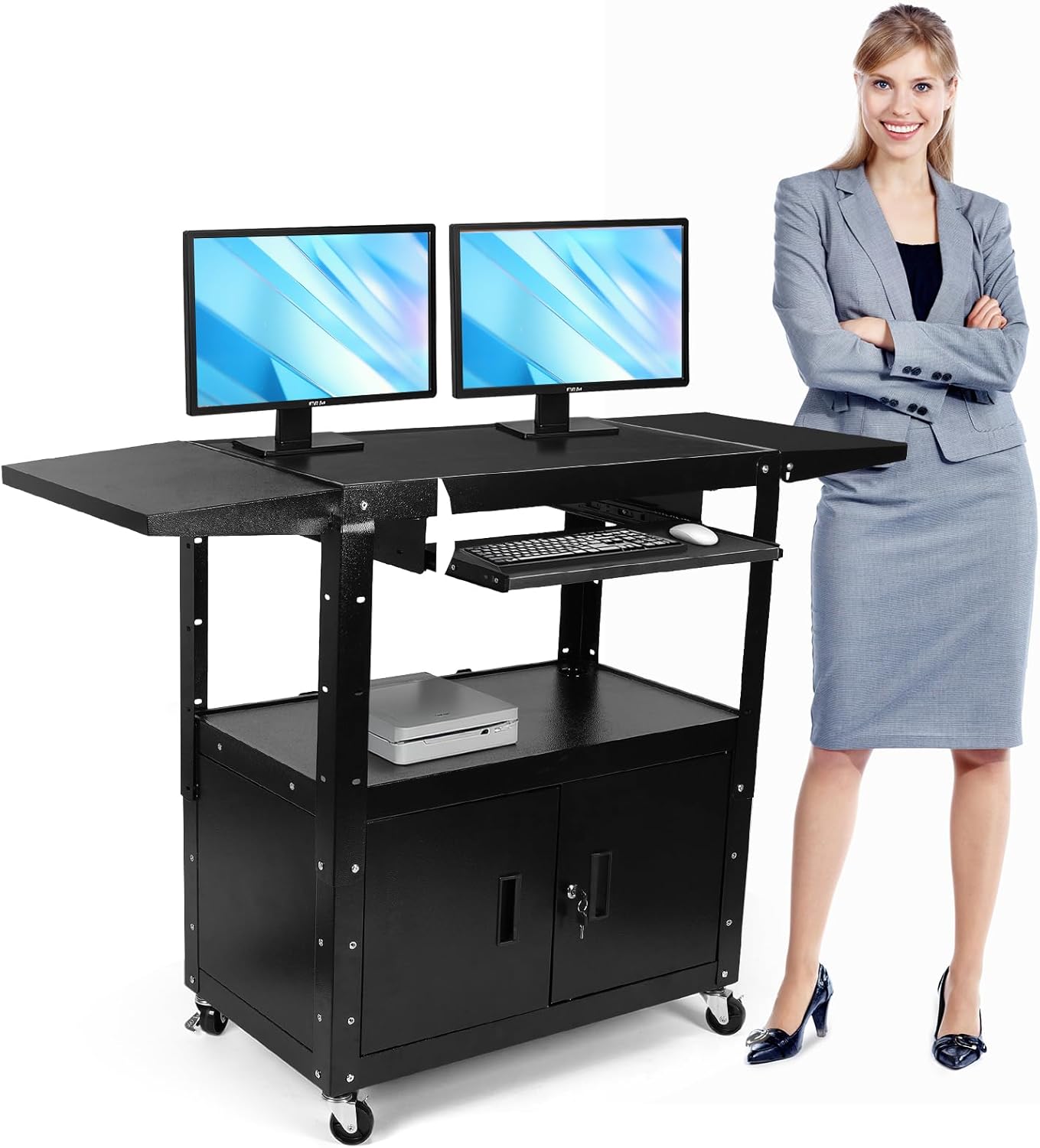 Rolling AV Cart with Locking Cabinet & Drop Leaves - Height Adjustable Mobile Workstation, Laptop Cart on Wheels with Pullout Keyboard Tray & Cord Management (Black, 54 x 18)