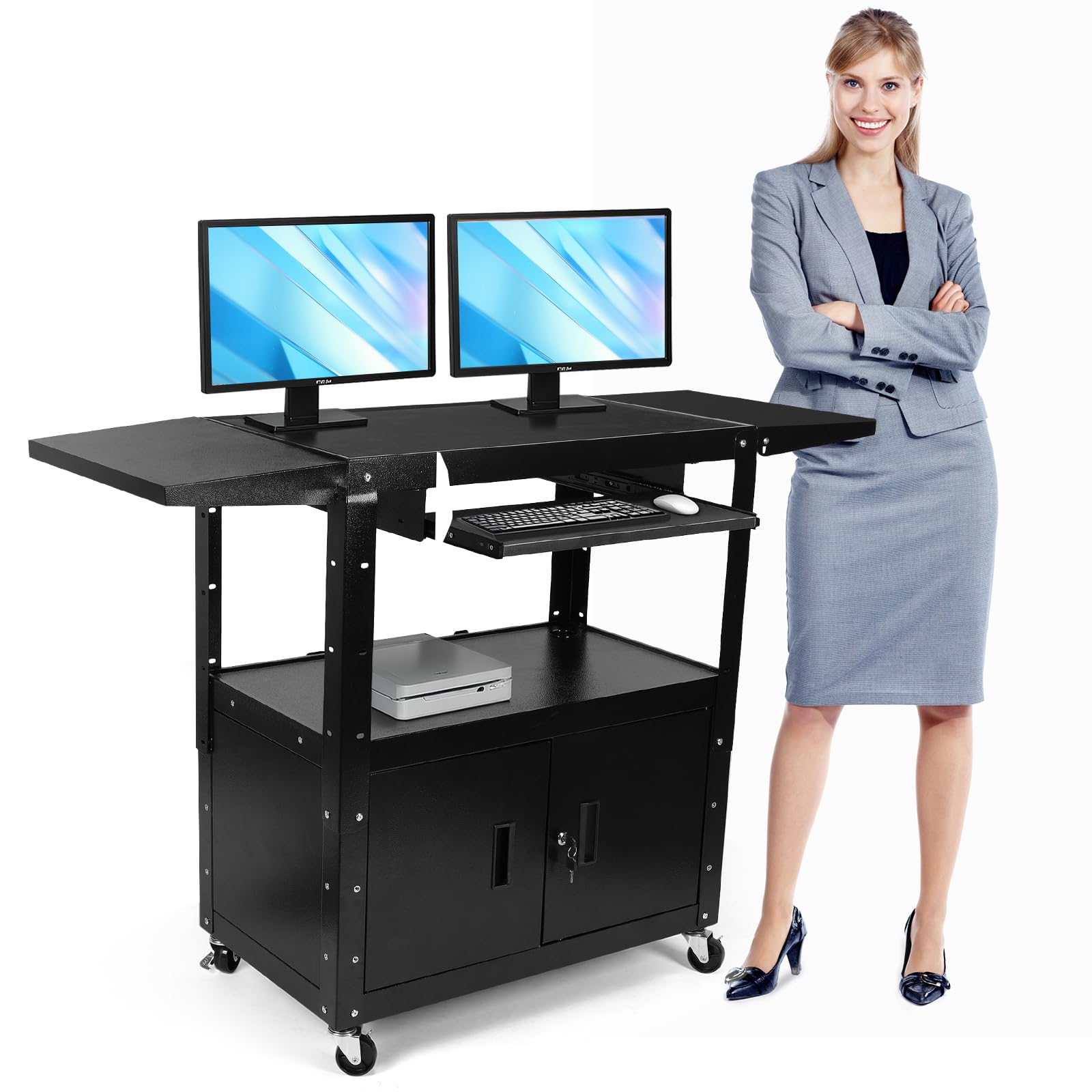 Rolling AV Cart with Locking Cabinet & Drop Leaves - Height Adjustable Mobile Workstation, Laptop Cart on Wheels with Pullout Keyboard Tray & Cord Management (Black, 54 x 18)