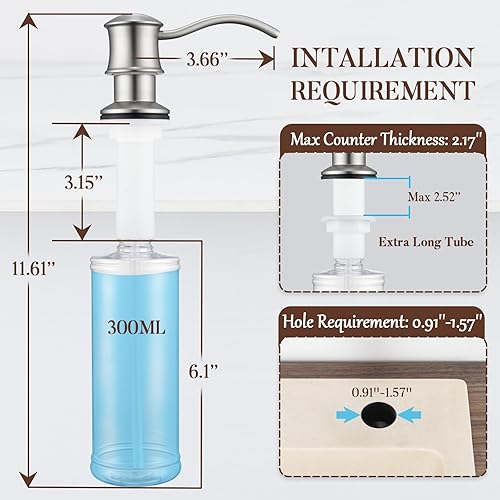 Miniatura 8 de Dispensador de jabón integrado para encimera de fregadero de cocina, cabezal de bomba de latón macizo con boquilla larga de 10.2 onzas de material