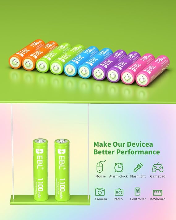 EBL Rechargeable AAA Batteries 10 Pack High Capacity 1100mAh (10 Pack- 2 * 5 Color in One Box) 1.2V Ni-Mh Triple AAA Battery ProCyco Technology