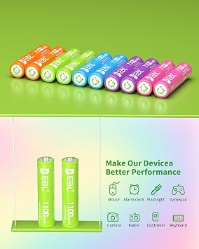 EBL Rechargeable AAA Batteries 10 Pack High Capacity 1100mAh (10 Pack- 2 * 5 Color in One Box) 1.2V Ni-Mh Triple AAA Battery ProCyco Technology
