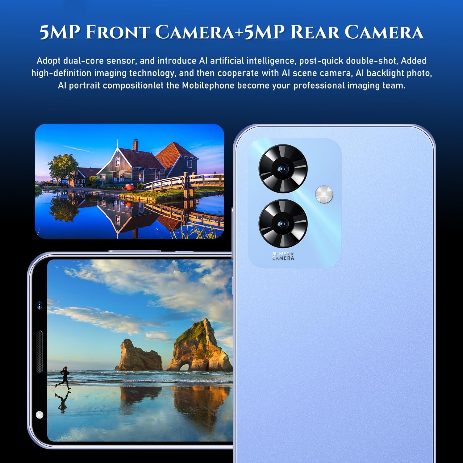 Note 60 Mobile Phones, 5.0'' HD Display, Dual SIM Dual Camera, 16GB ROM【Expandable up to 128GB】, Support WiFi/Bluetooth/GPS, Unlocked Android 3G Smartphone (Blue)